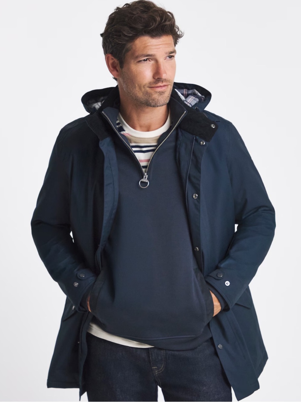 Barbour Chelsea Waterproof Mac Jacket in Navy Blue Granite Tartan